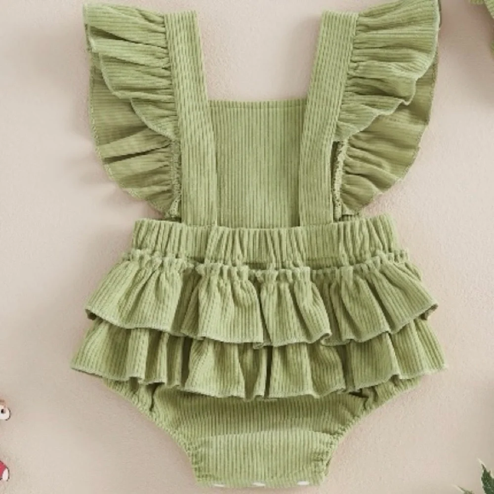 Girls Green Embroidered Christmas Tree Corduroy Overalls Romper/Jumpsuit Sz 3-6M
